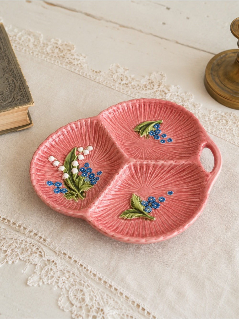 Antique Majolica Pink "Lily Of The Valley" - Divided Dish - Schramberg 1920s